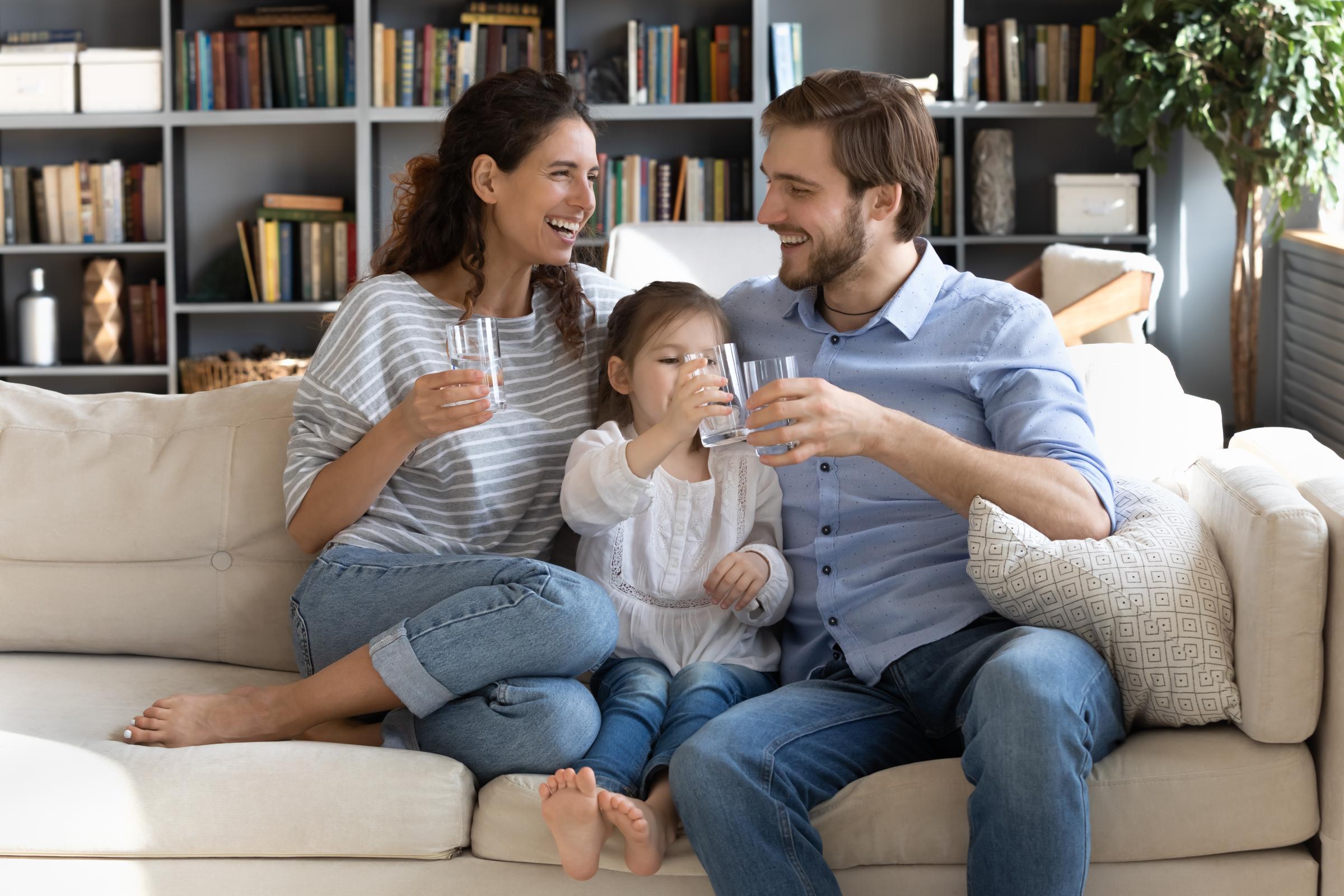 family drinking water