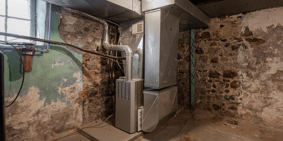 Furnace system in home basement after furnace maintenance has been performed