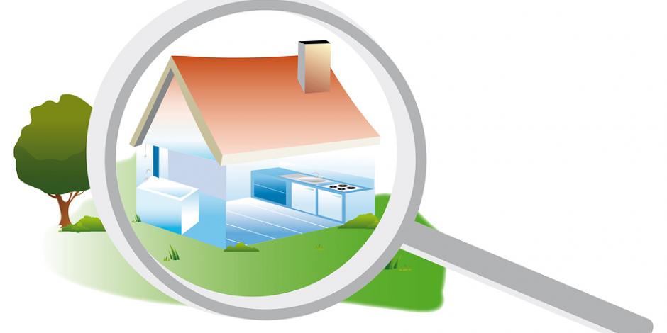 Digital graphic of magnifying glass held over home with red roof 