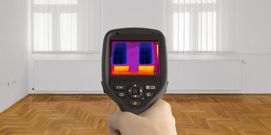 Thermal imaging of bare room with white walls and wooden flooring